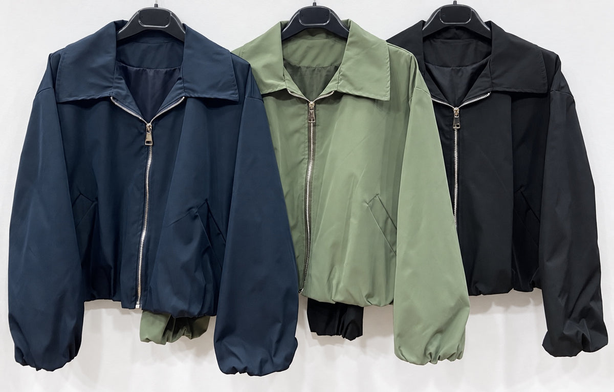 Giacca corta leggera blu verde e nero con zip