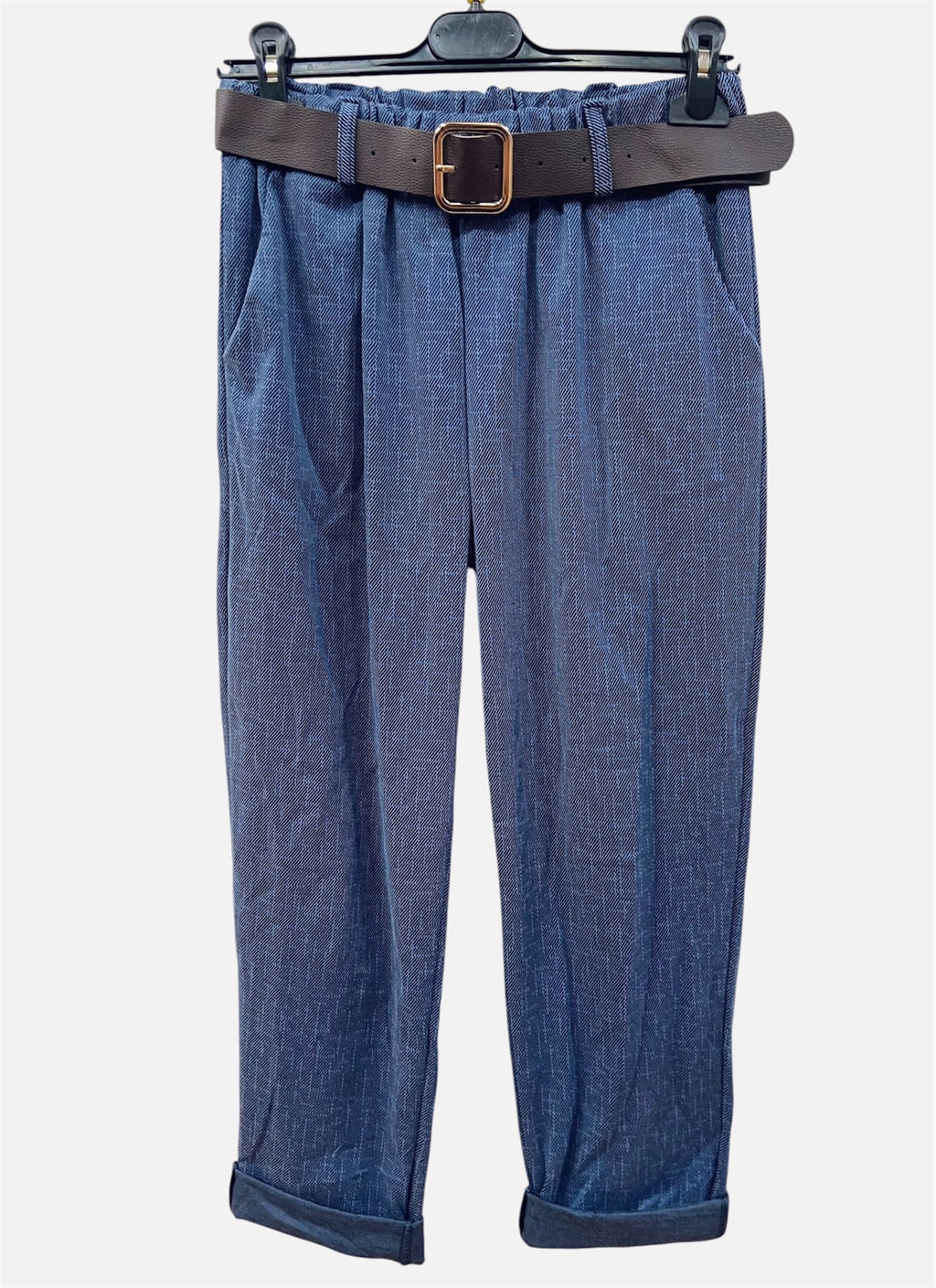 Pantalone morbido blu con cintura e risvolto