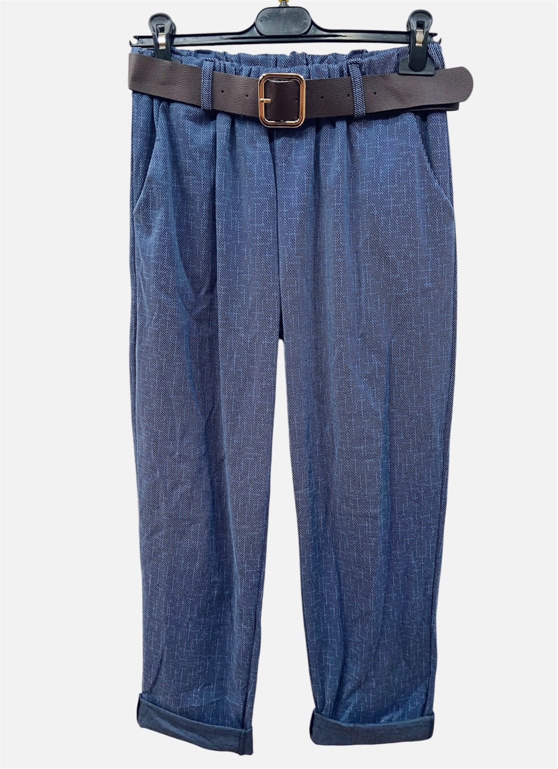 Pantalone morbido blu con cintura e risvolto