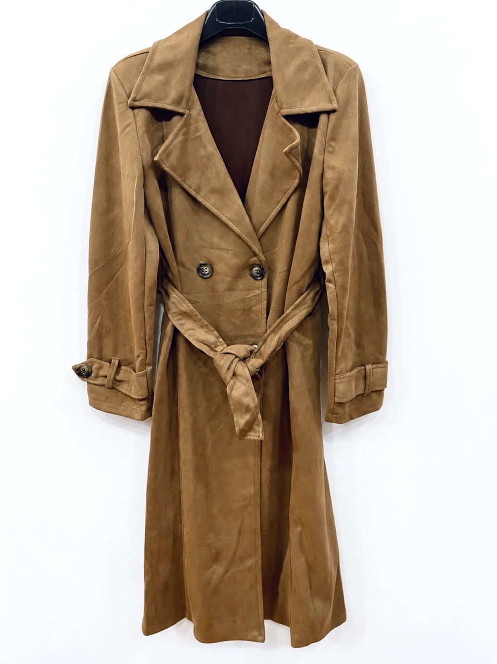 Trench lungo effetto camoscio cammello con cintura
